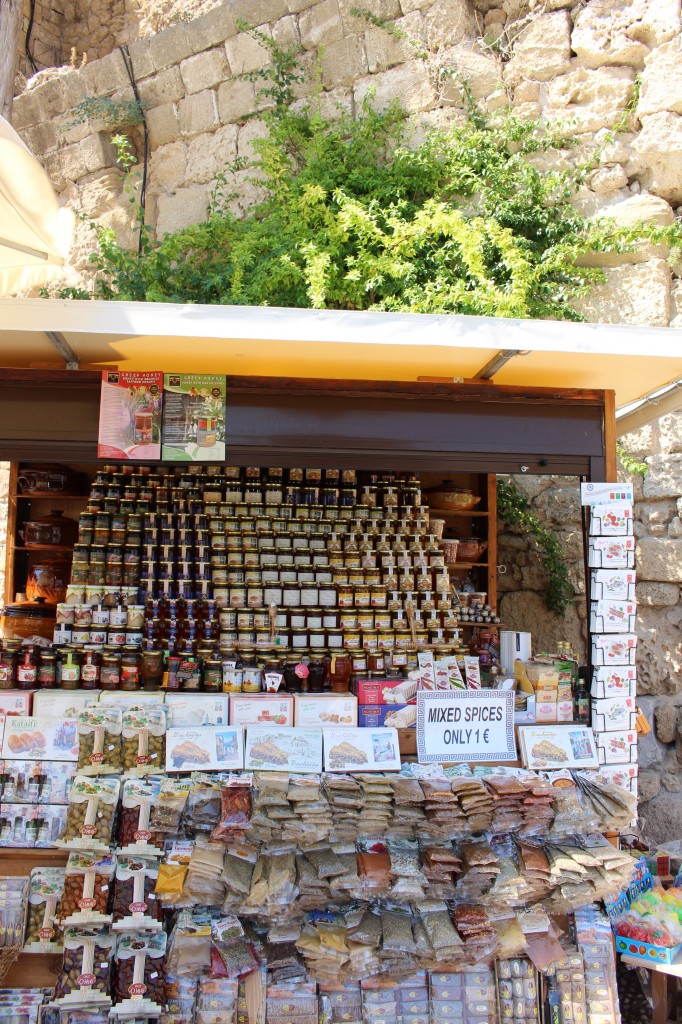 Greek condiments being sold in Rhodes